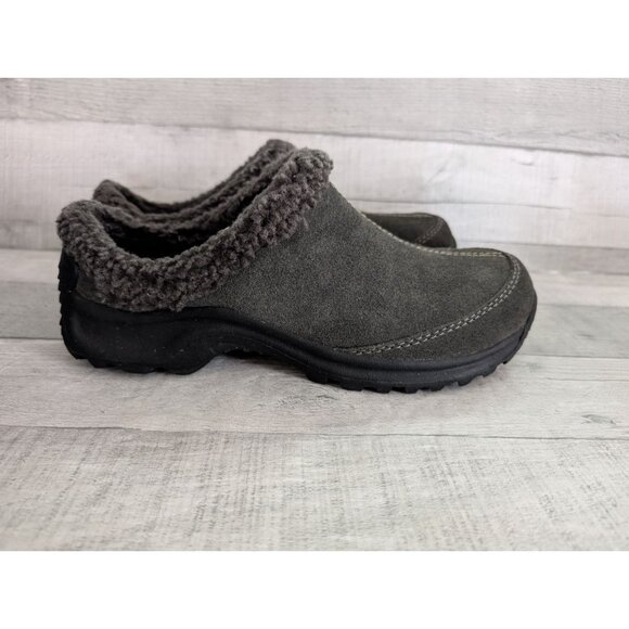 Lands End Chalet Clog 6.5M Dark Gray Suede Slip-On Shoes Faux Shearling Lining - Picture 2 of 6